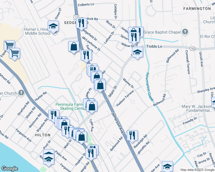 map of restaurants, bars, coffee shops, grocery stores, and more near 1 South Stuart Road in Newport News