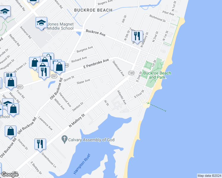 map of restaurants, bars, coffee shops, grocery stores, and more near 1 Bayview Court in Hampton