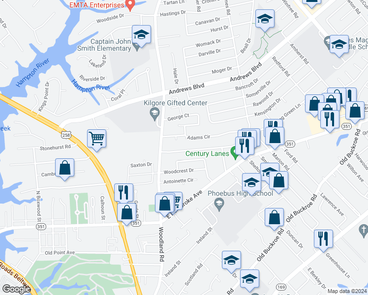 map of restaurants, bars, coffee shops, grocery stores, and more near 1489 Morgan Drive in Hampton