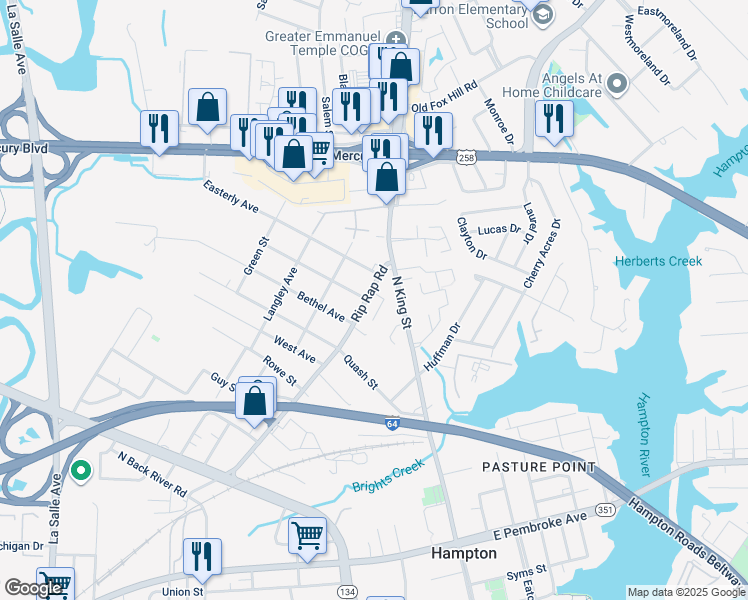 map of restaurants, bars, coffee shops, grocery stores, and more near 25 Rip Rap Road in Hampton
