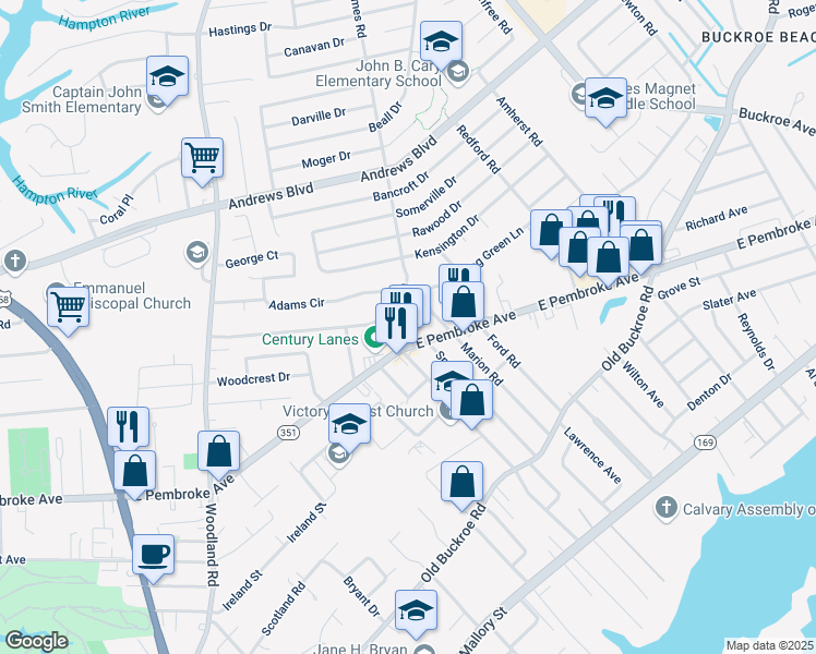 map of restaurants, bars, coffee shops, grocery stores, and more near 622 Grimes Road in Hampton
