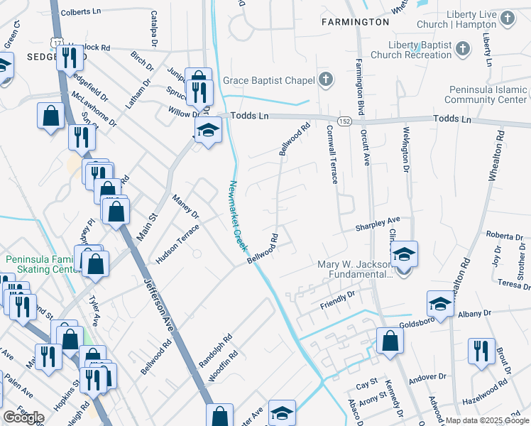 map of restaurants, bars, coffee shops, grocery stores, and more near 735 Bellwood Road in Hampton