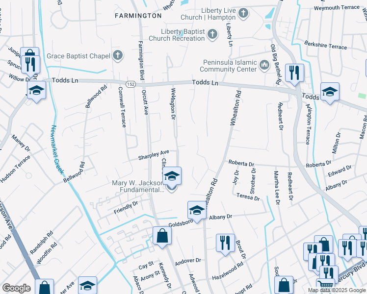 map of restaurants, bars, coffee shops, grocery stores, and more near 53 Wellington Drive in Hampton