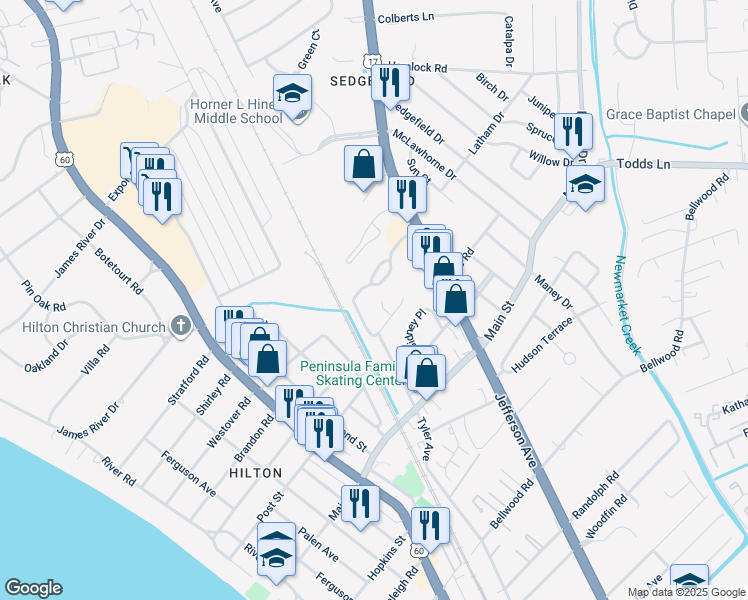 map of restaurants, bars, coffee shops, grocery stores, and more near 309 Pointe Court in Newport News