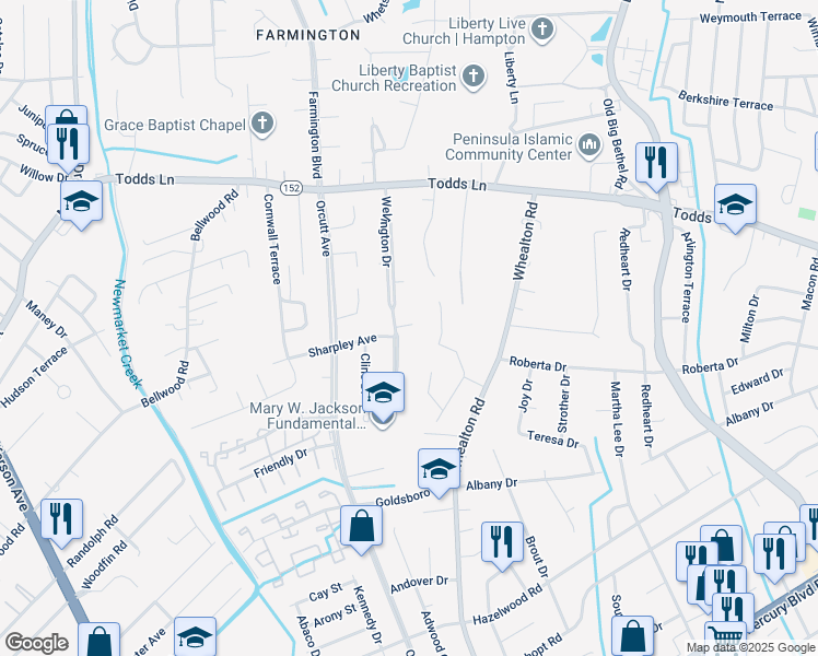 map of restaurants, bars, coffee shops, grocery stores, and more near 53 Wellington Drive in Hampton