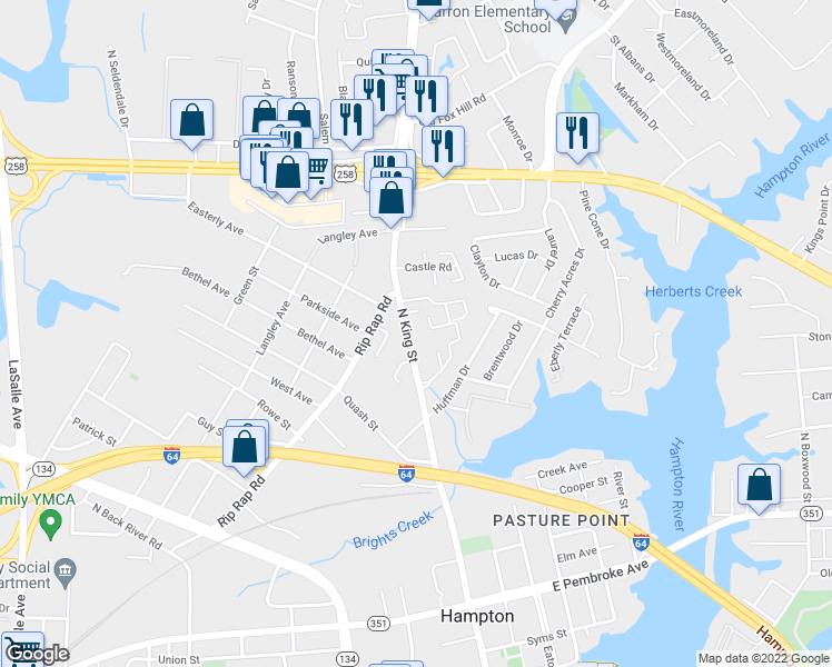 map of restaurants, bars, coffee shops, grocery stores, and more near 966 North King Street in Hampton