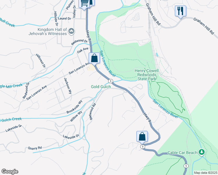 map of restaurants, bars, coffee shops, grocery stores, and more near 264 Gulch Road in Felton