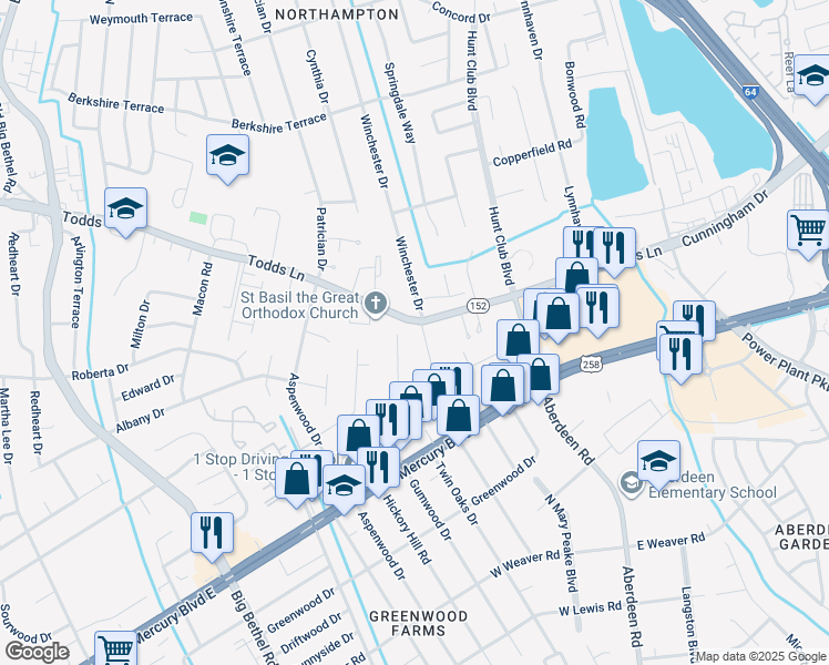 map of restaurants, bars, coffee shops, grocery stores, and more near 1532 Todds Lane in Hampton