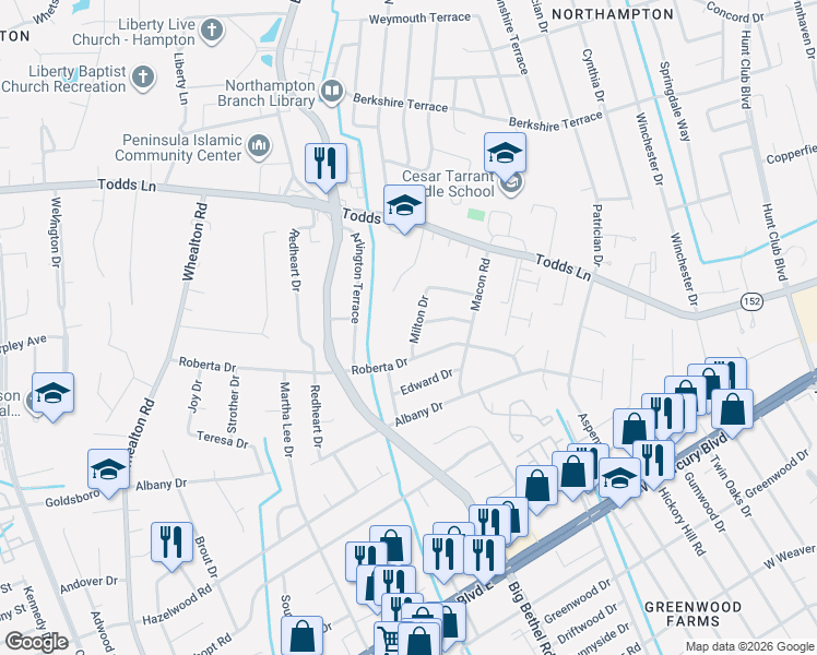 map of restaurants, bars, coffee shops, grocery stores, and more near 701 Milton Drive in Hampton
