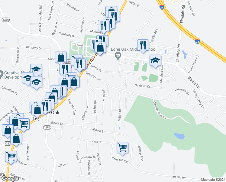 map of restaurants, bars, coffee shops, grocery stores, and more near 120 Crestview Drive in Paducah