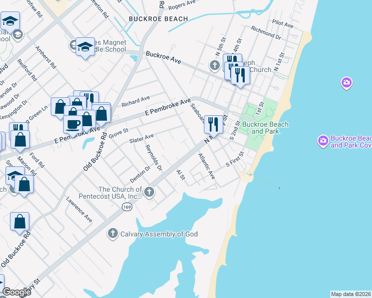 map of restaurants, bars, coffee shops, grocery stores, and more near 1670 North Mallory Street in Hampton