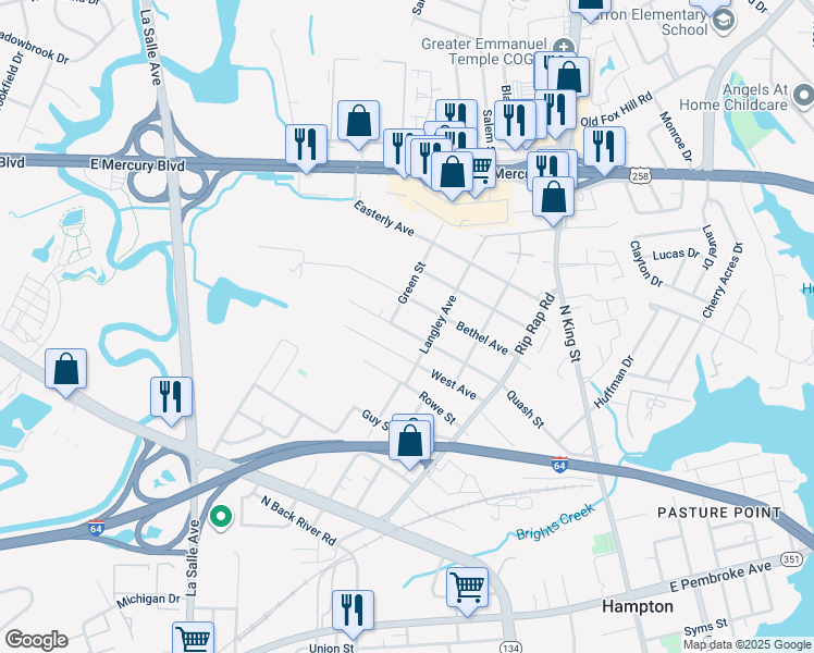 map of restaurants, bars, coffee shops, grocery stores, and more near 1216 Quash Street in Hampton
