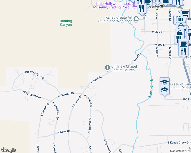 map of restaurants, bars, coffee shops, grocery stores, and more near 530 West Powell Drive in Kanab