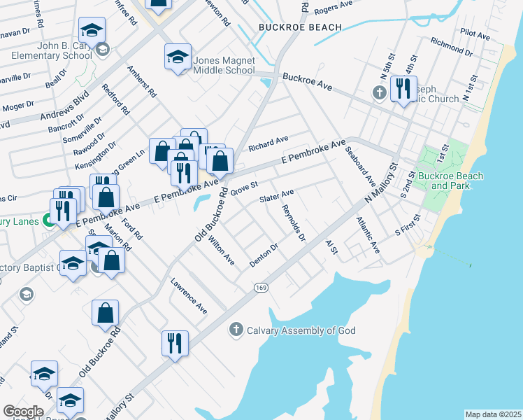 map of restaurants, bars, coffee shops, grocery stores, and more near 25 Mansford Drive in Hampton