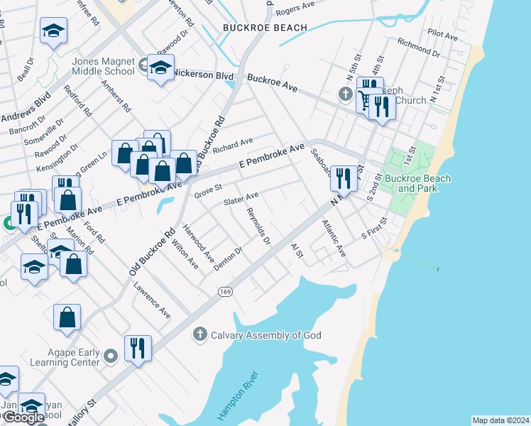 map of restaurants, bars, coffee shops, grocery stores, and more near 15 Reynolds Drive in Hampton