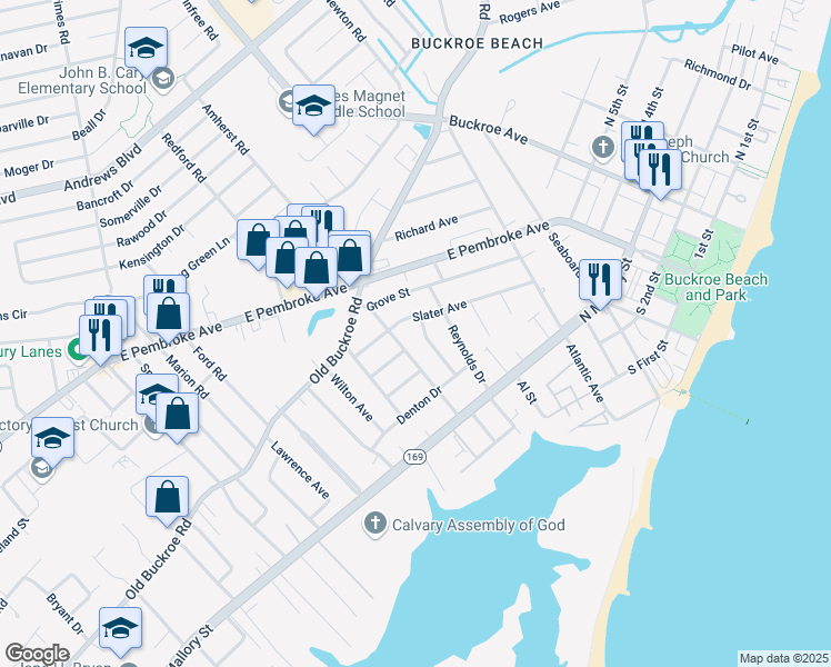 map of restaurants, bars, coffee shops, grocery stores, and more near 25 Mansford Drive in Hampton