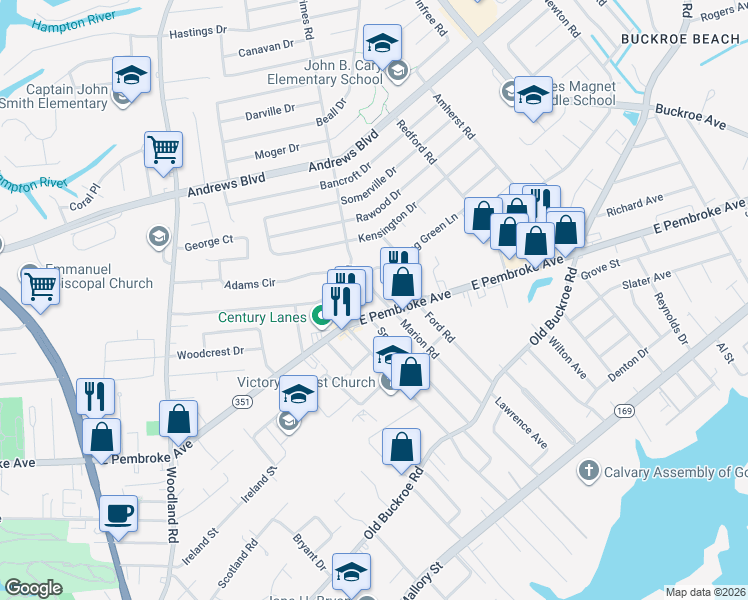 map of restaurants, bars, coffee shops, grocery stores, and more near 527 Marion Road in Hampton
