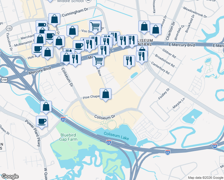 map of restaurants, bars, coffee shops, grocery stores, and more near 175 Pine Chapel Road in Hampton