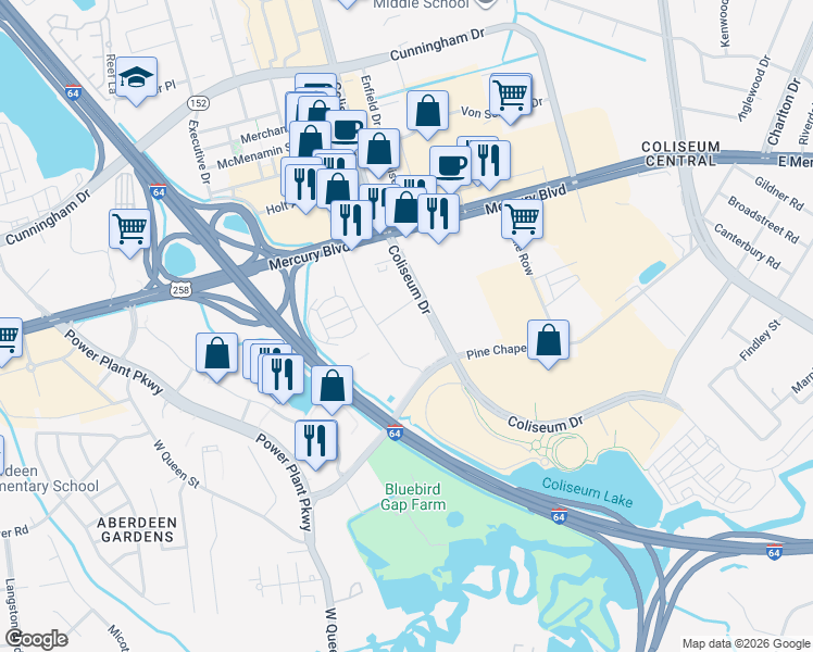 map of restaurants, bars, coffee shops, grocery stores, and more near 1910 Commerce Drive in Hampton
