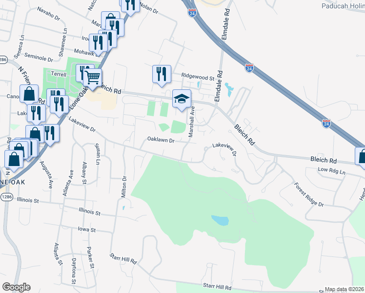 map of restaurants, bars, coffee shops, grocery stores, and more near 572 Lakeview Drive in Paducah
