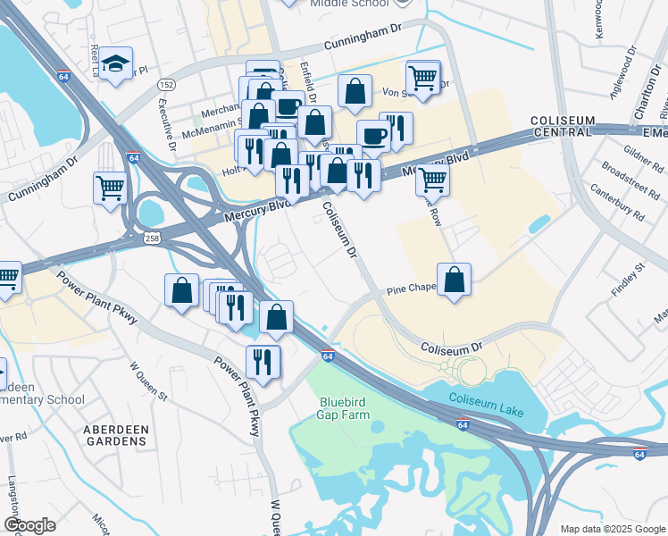 map of restaurants, bars, coffee shops, grocery stores, and more near 1917 Coliseum Drive in Hampton