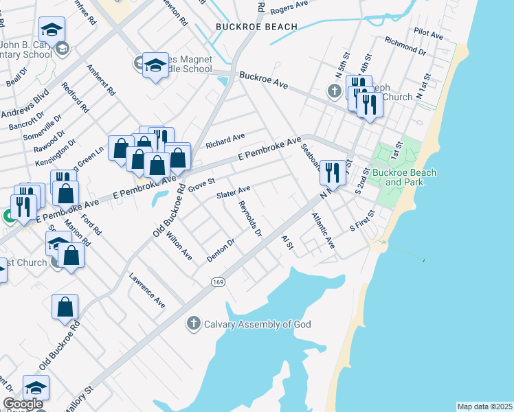 map of restaurants, bars, coffee shops, grocery stores, and more near 15 Reynolds Drive in Hampton