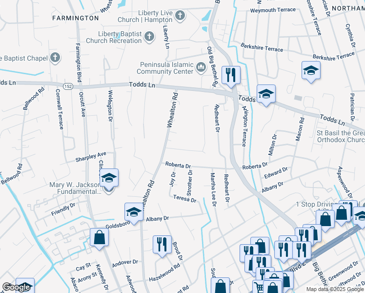 map of restaurants, bars, coffee shops, grocery stores, and more near 9 Omera Place in Hampton