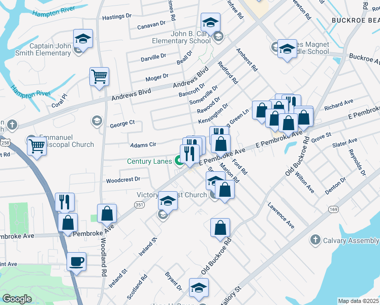 map of restaurants, bars, coffee shops, grocery stores, and more near 625 Grimes Road in Hampton