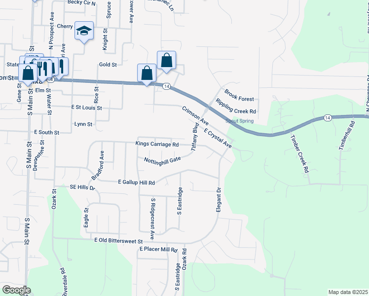 map of restaurants, bars, coffee shops, grocery stores, and more near 782 Kings Carriage Road in Nixa