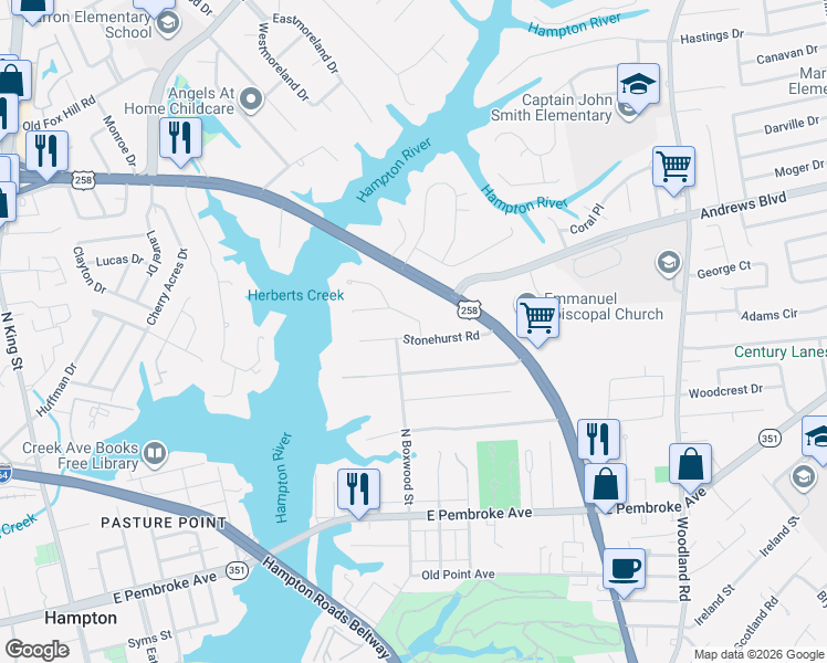 map of restaurants, bars, coffee shops, grocery stores, and more near 102 Boxwood Point Road in Hampton