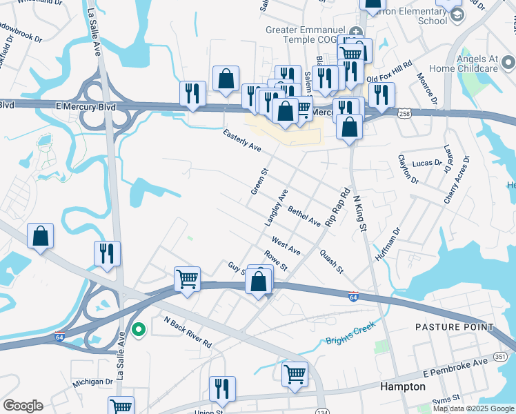 map of restaurants, bars, coffee shops, grocery stores, and more near 1216 Quash Street in Hampton
