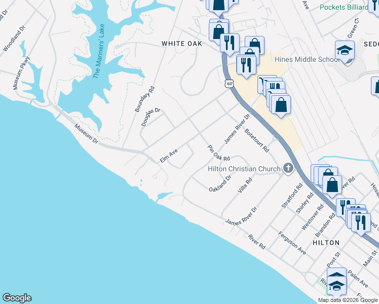 map of restaurants, bars, coffee shops, grocery stores, and more near 32 Elm Avenue in Newport News