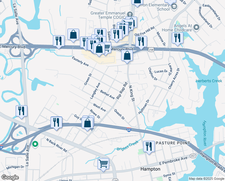 map of restaurants, bars, coffee shops, grocery stores, and more near 1017 Parkside Avenue in Hampton