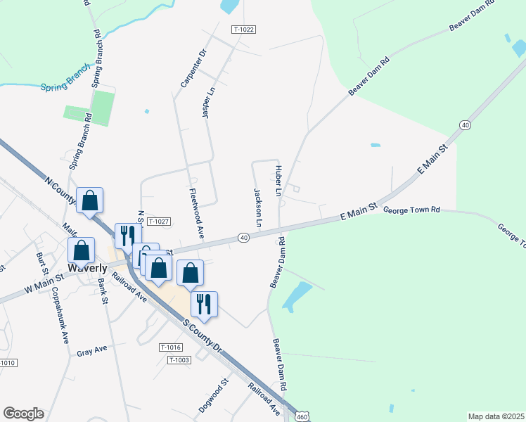 map of restaurants, bars, coffee shops, grocery stores, and more near 123 Jackson Lane in Waverly