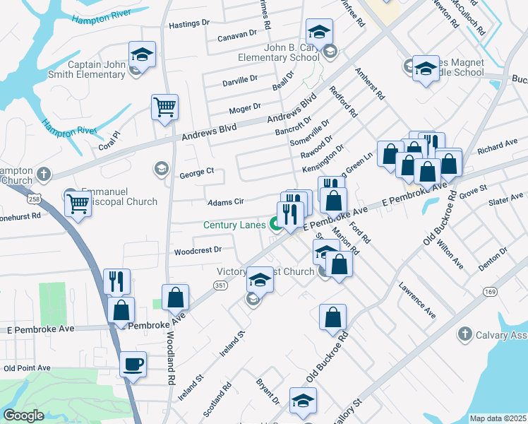 map of restaurants, bars, coffee shops, grocery stores, and more near 1525 Morgan Drive in Hampton
