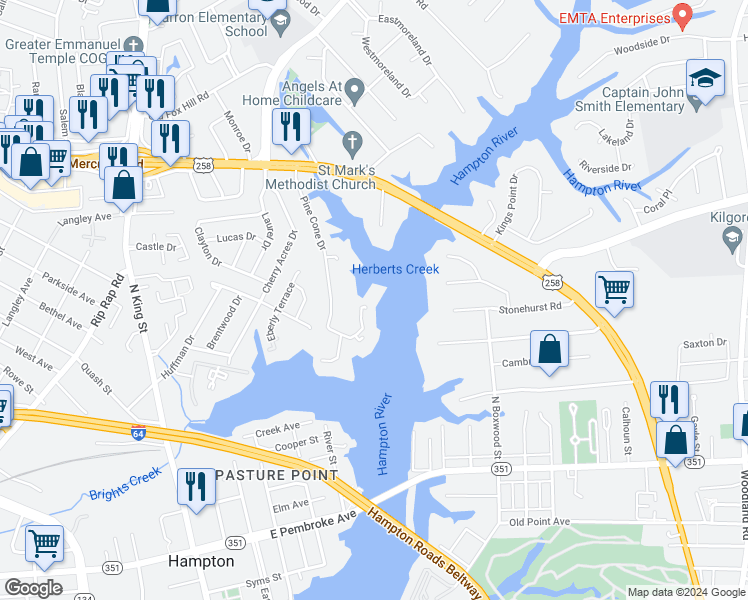 map of restaurants, bars, coffee shops, grocery stores, and more near 242 Dockside Drive in Hampton