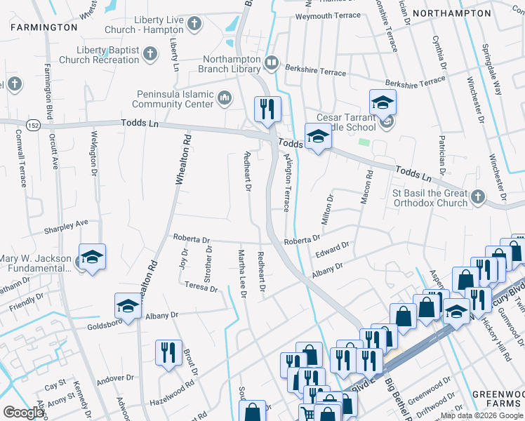 map of restaurants, bars, coffee shops, grocery stores, and more near 804 Big Bethel Road in Hampton
