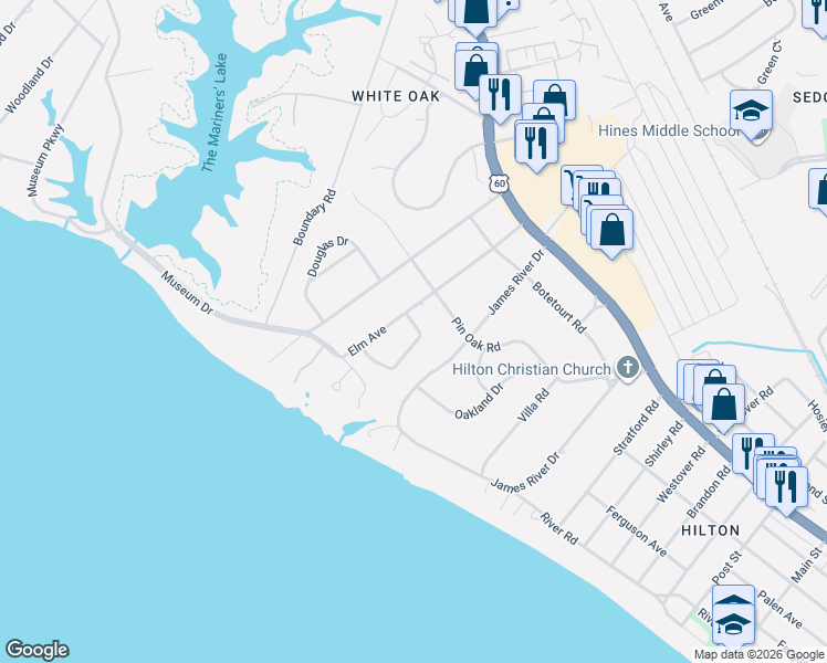 map of restaurants, bars, coffee shops, grocery stores, and more near 32 Elm Avenue in Newport News
