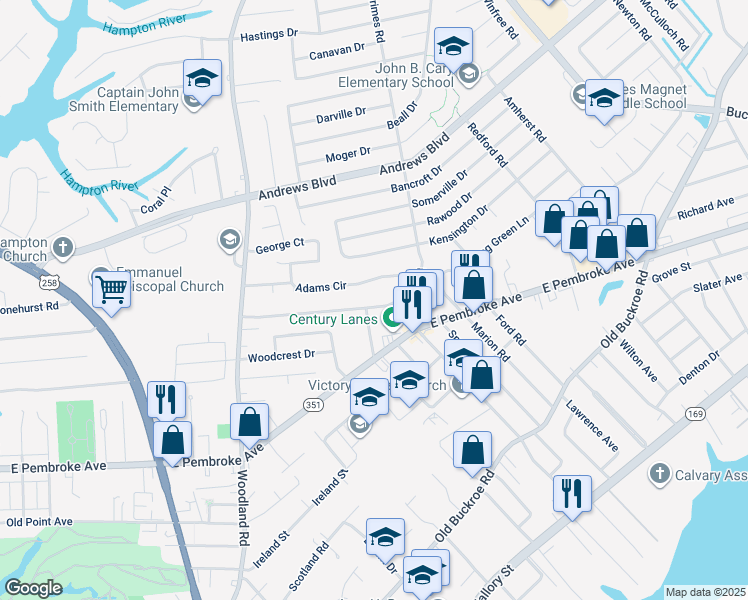 map of restaurants, bars, coffee shops, grocery stores, and more near 1525 Morgan Drive in Hampton