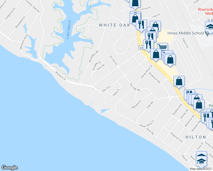 map of restaurants, bars, coffee shops, grocery stores, and more near 15 Elm Avenue in Newport News