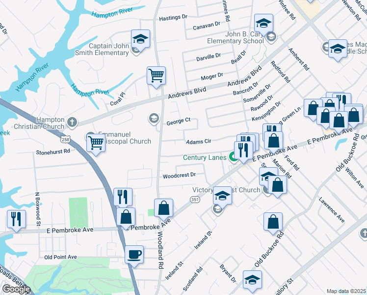 map of restaurants, bars, coffee shops, grocery stores, and more near 1418 Adams Circle in Hampton