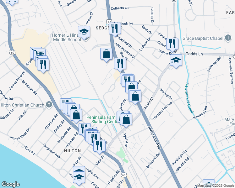 map of restaurants, bars, coffee shops, grocery stores, and more near 264 Town Pointe Way in Newport News