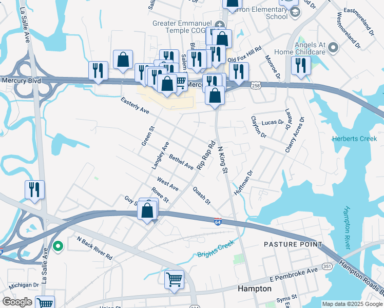 map of restaurants, bars, coffee shops, grocery stores, and more near 1017 Parkside Avenue in Hampton