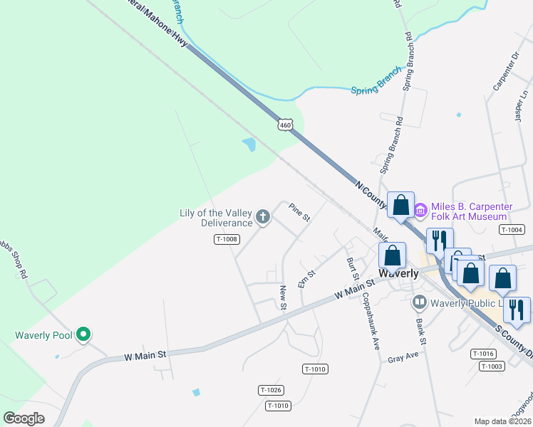map of restaurants, bars, coffee shops, grocery stores, and more near 308 Oak Street in Waverly