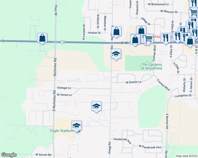 map of restaurants, bars, coffee shops, grocery stores, and more near 416 Mockingbird Lane in Nixa