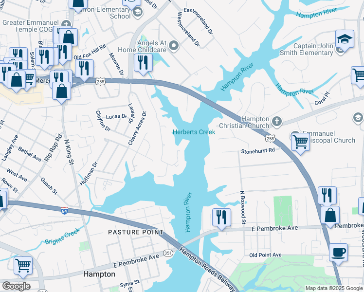 map of restaurants, bars, coffee shops, grocery stores, and more near 242 Dockside Drive in Hampton