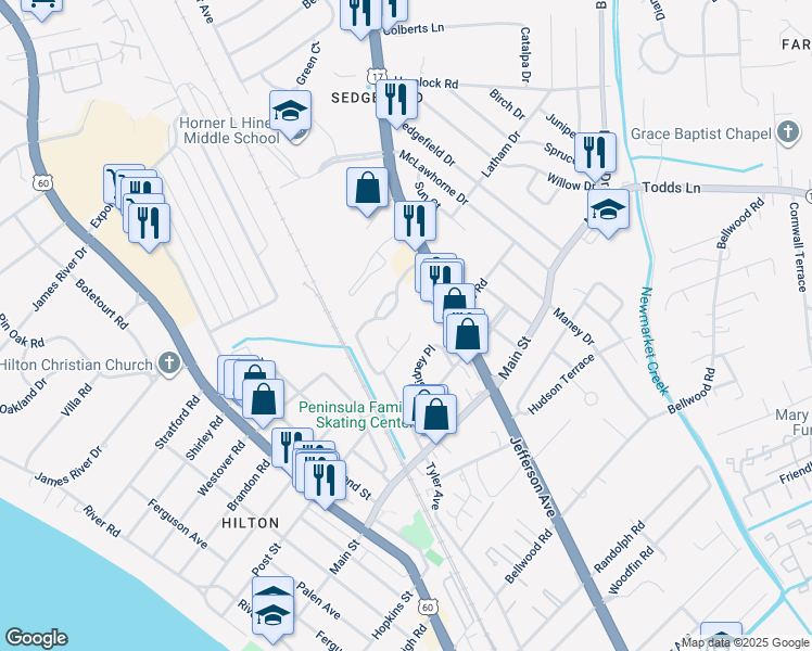 map of restaurants, bars, coffee shops, grocery stores, and more near 264 Town Pointe Way in Newport News