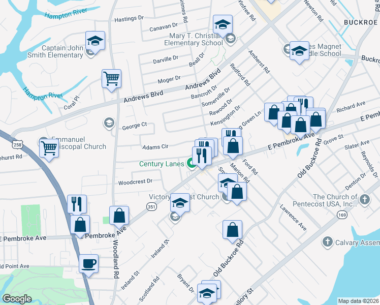 map of restaurants, bars, coffee shops, grocery stores, and more near 1531 Morgan Drive in Hampton