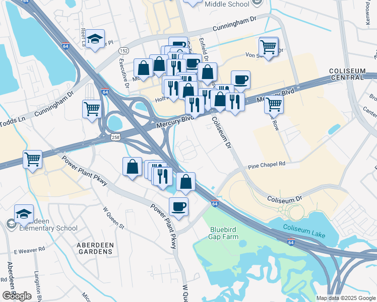 map of restaurants, bars, coffee shops, grocery stores, and more near 2013 Commerce Drive in Hampton