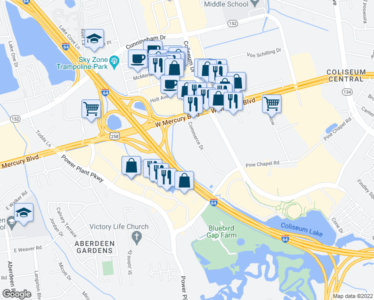 map of restaurants, bars, coffee shops, grocery stores, and more near 2001 Commerce Drive in Hampton